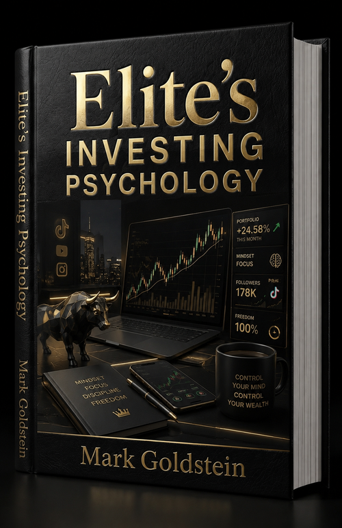 Book titled 'Elite's Investing Psychology' by Mark Goldstein on a black background