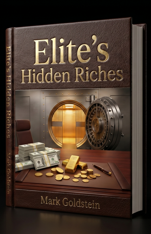Book titled 'Elite's Hidden Riches' by Mark Goldstein with a vault and money imagery on the cover.